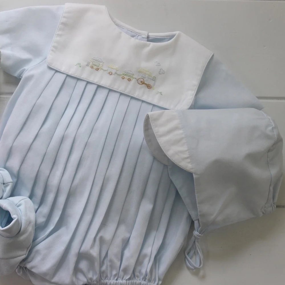Petit Ami Baby Boy’s Heirloom Blue Pleated Bubble Romper and Bonnet Set